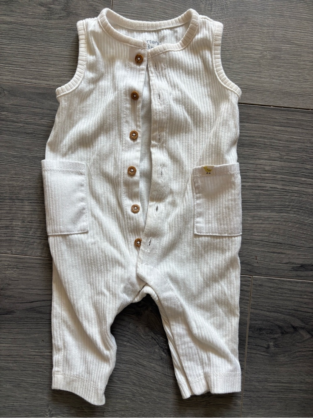 Carter's Cream Ribbed Sleeveless Romper with Front Buttons